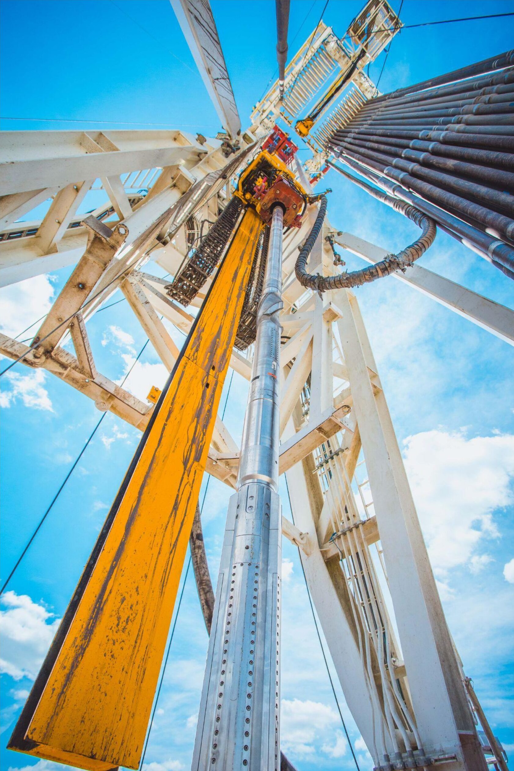 Drilling rig mast seen from below